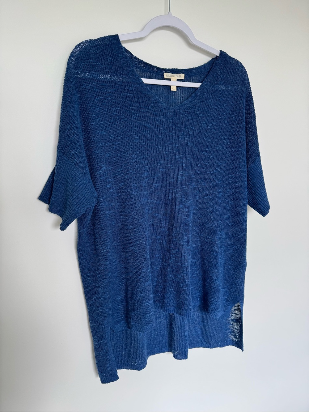Eileen Fisher Blue V-Neck Lightweight Organic Cotton Linen Knit Top